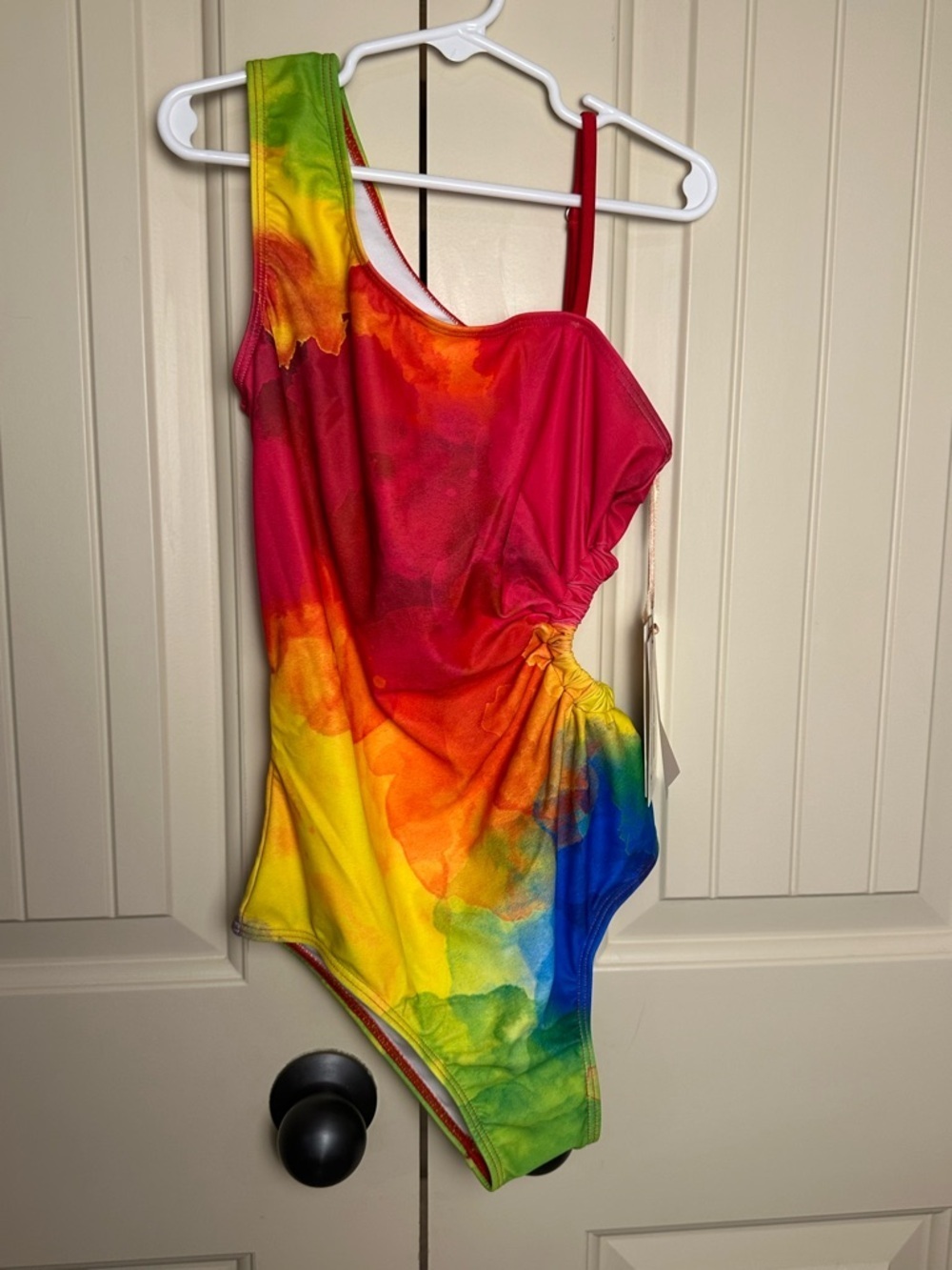 Girls Grace Karin One Piece Rainbow Watercolor Swimsuit Size 10 Cutout Ruched